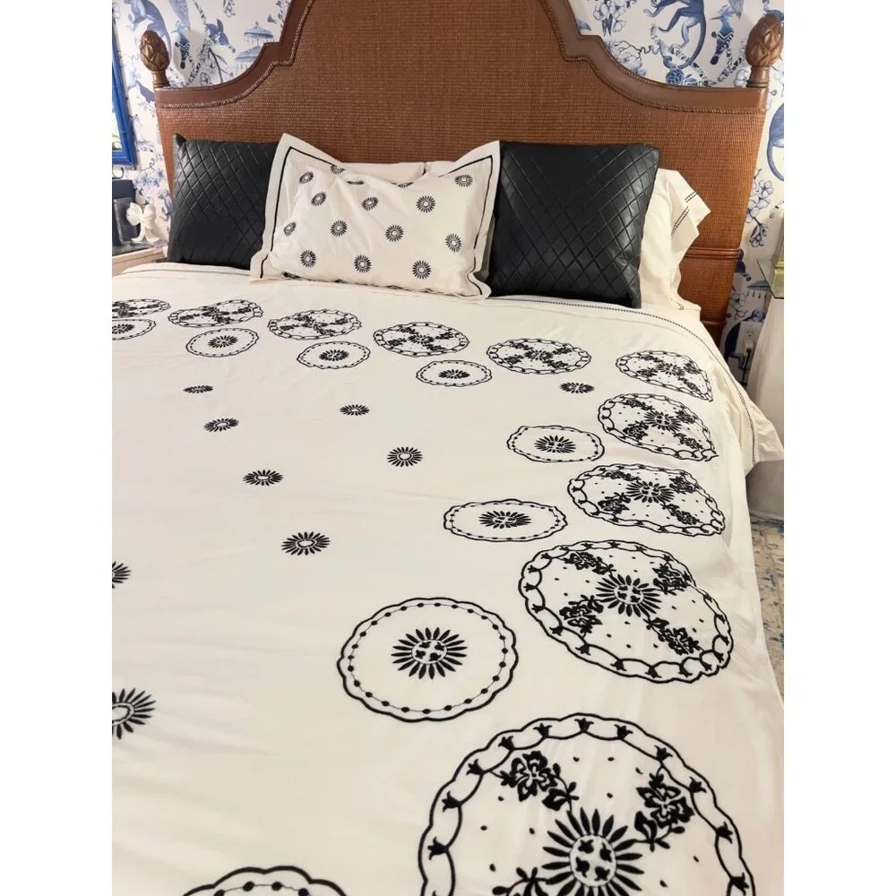 MARTHA STEWART King Size Duvet + 1 Sham Embroidered 100% Egyptian Cotton Black